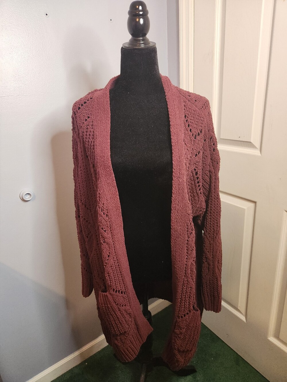 Terra & Sky Women's Size 1X Chenille Duster/Cardigan In Rustic Plum